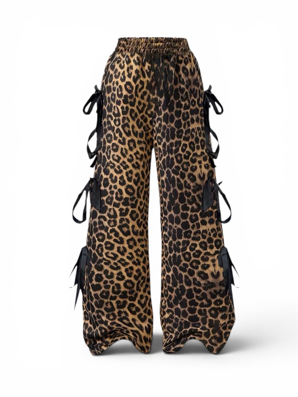 Leopard Print Wide-Leg Tie Detail Pants - Brown